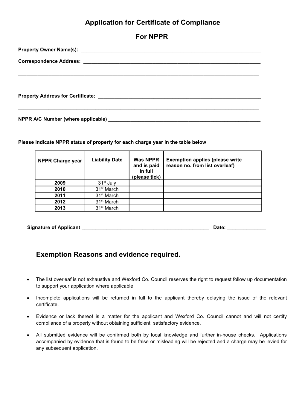 Application for Certificate of Compliance