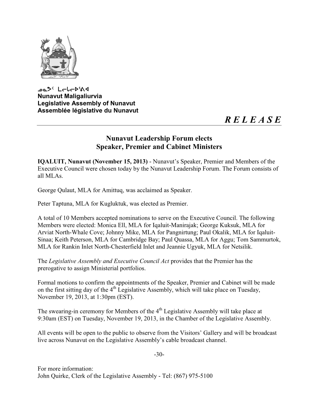 Nunavut Leadership Forum Elects Speaker, Premier and Cabinet Ministers