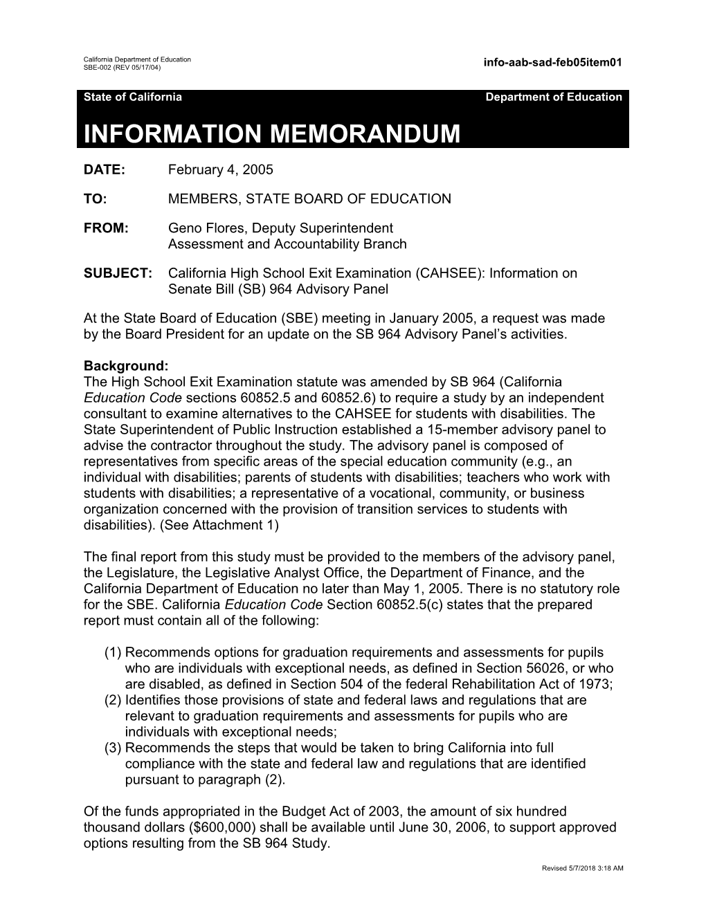 February 2005 SAD Item 1 - Information Memorandum (CA State Board of Education)