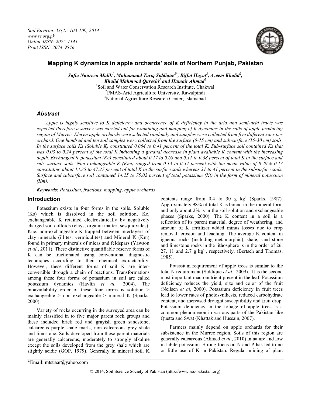 Mapping K Dynamics in Apple Orchards' Soils of Northern Punjab