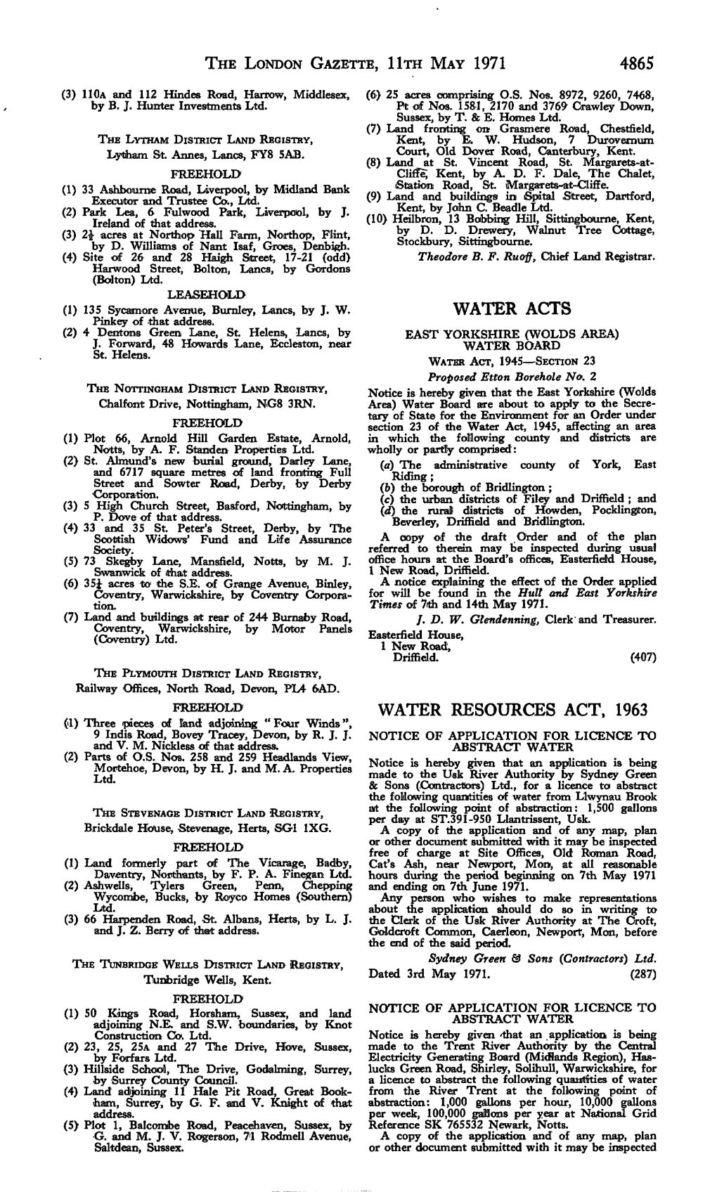 The London Gazette, Hth May 1971 4865 Water Acts Water