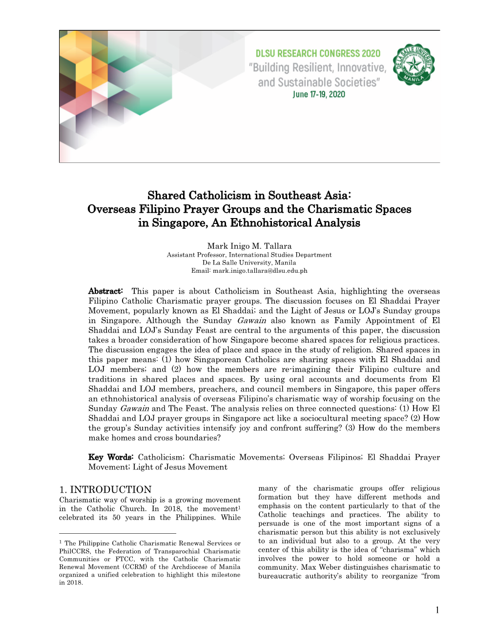 Shared Catholicism in Southeast Asia: Overseas Filipino Prayer Groups and the Charismatic Spaces in Singapore, an Ethnohistorical Analysis