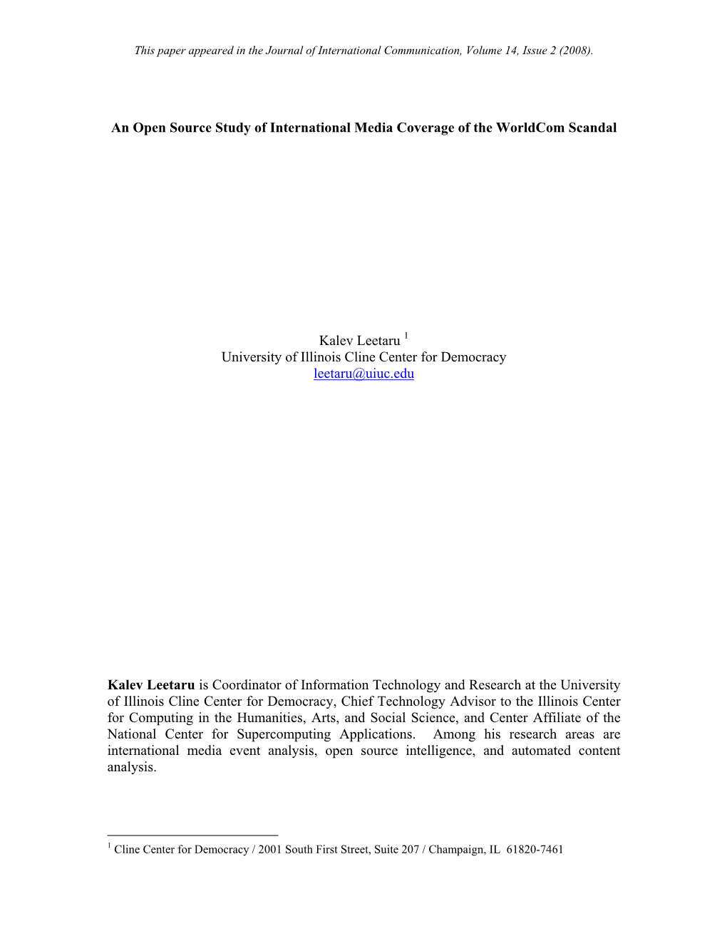 An Open Source Study of International Media Coverage of the Worldcom Scandal