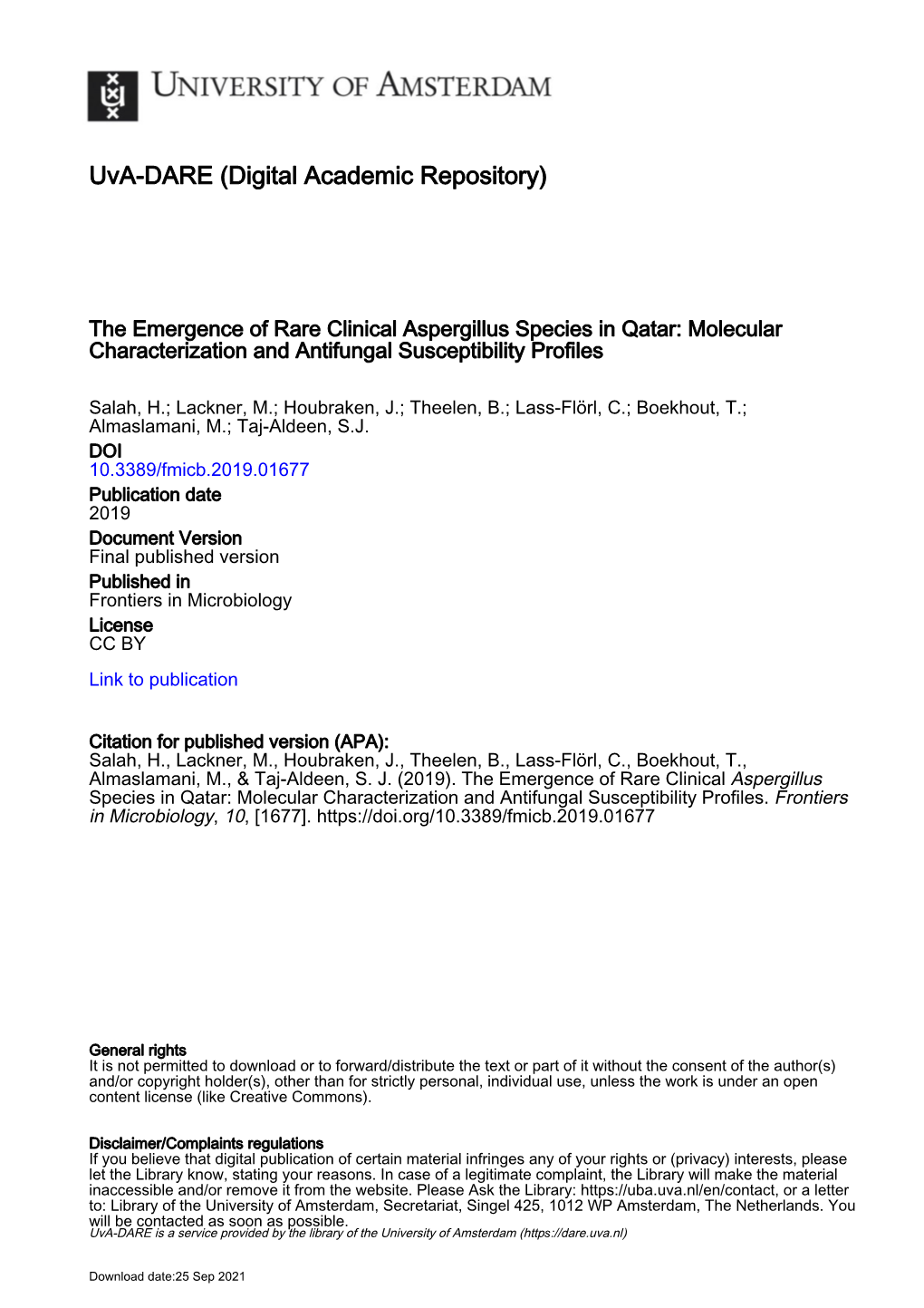 The Emergence of Rare Clinical Aspergillus Species in Qatar: Molecular Characterization and Antifungal Susceptibility Profiles