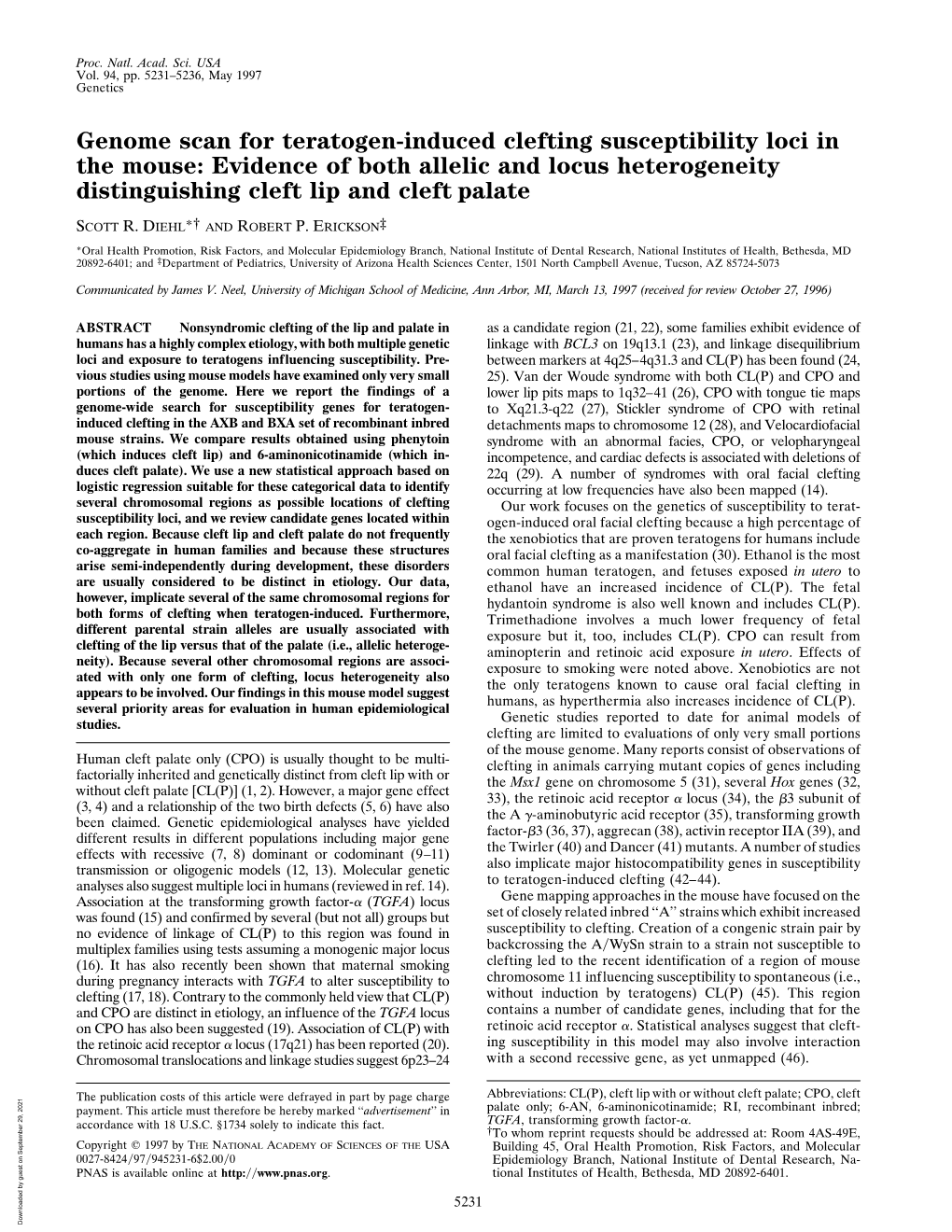 Genome Scan for Teratogen-Induced Clefting Susceptibility Loci in the Mouse