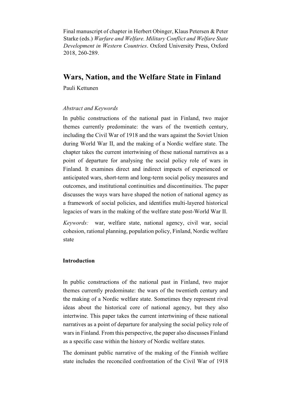 Wars, Nation, and the Welfare State in Finland Pauli Kettunen