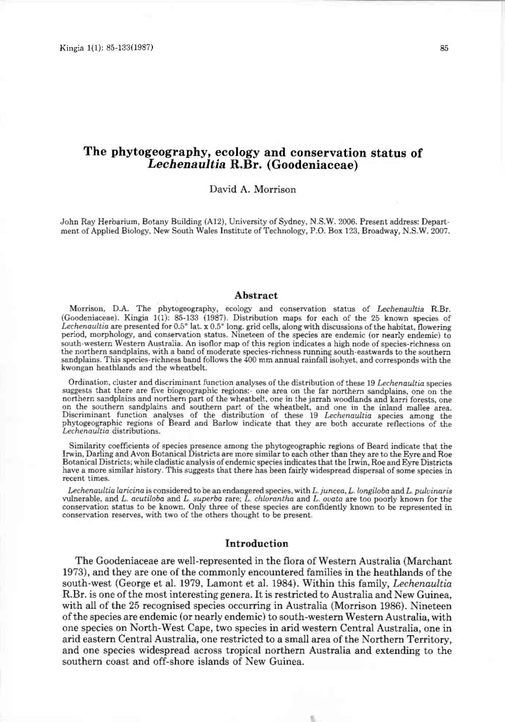 The Phytogeography, Ecology and Conservation Status of Lechenaultia R.Br