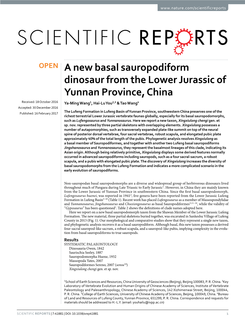 A New Basal Sauropodiform Dinosaur from the Lower Jurassic of Yunnan