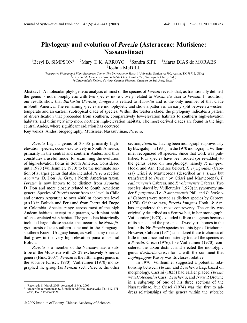 Phylogeny and Evolution of Perezia (Asteraceae: Mutisieae: Nassauviinae) 1Beryl B