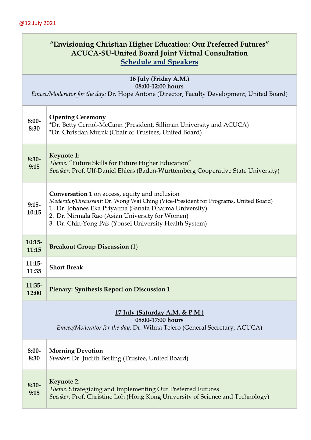 “Envisioning Christian Higher Education: Our Preferred Futures” ACUCA-SU-United Board Joint Virtual Consultation Schedule and Speakers