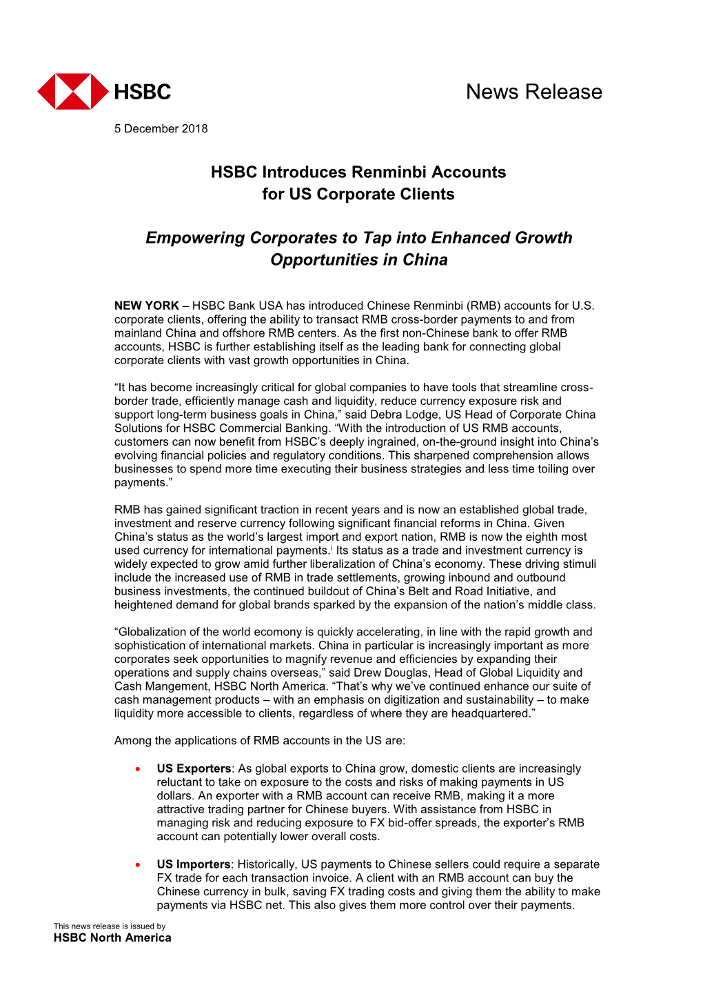 HSBC Introduces Renminbi Accounts for US Corporate Clients