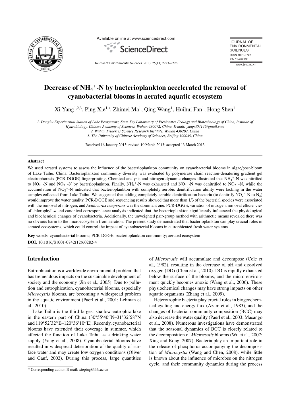 Decrease of NH4+-N by Bacterioplankton Accelerated the Removal of Cyanobacterial Blooms in Aerated Aquatic Ecosystem