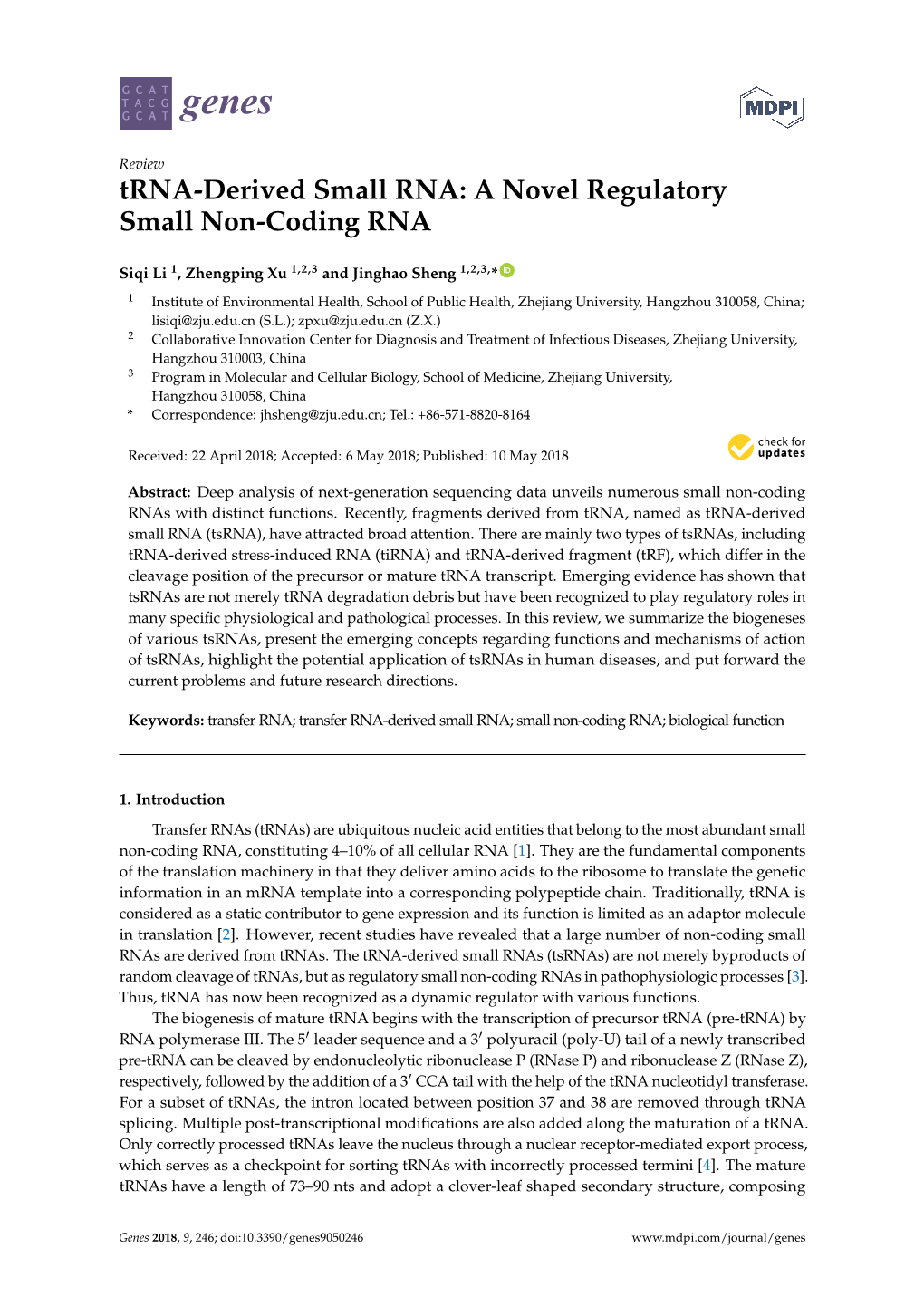 Trna-Derived Small RNA: a Novel Regulatory Small Non-Coding RNA