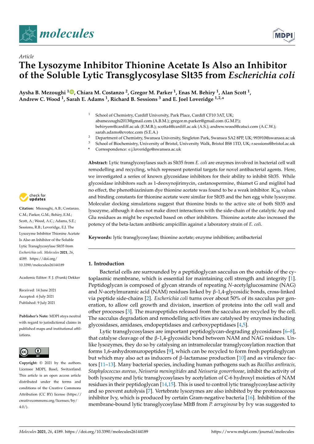 The Lysozyme Inhibitor Thionine Acetate Is Also an Inhibitor of the Soluble Lytic Transglycosylase Slt35 from Escherichia Coli