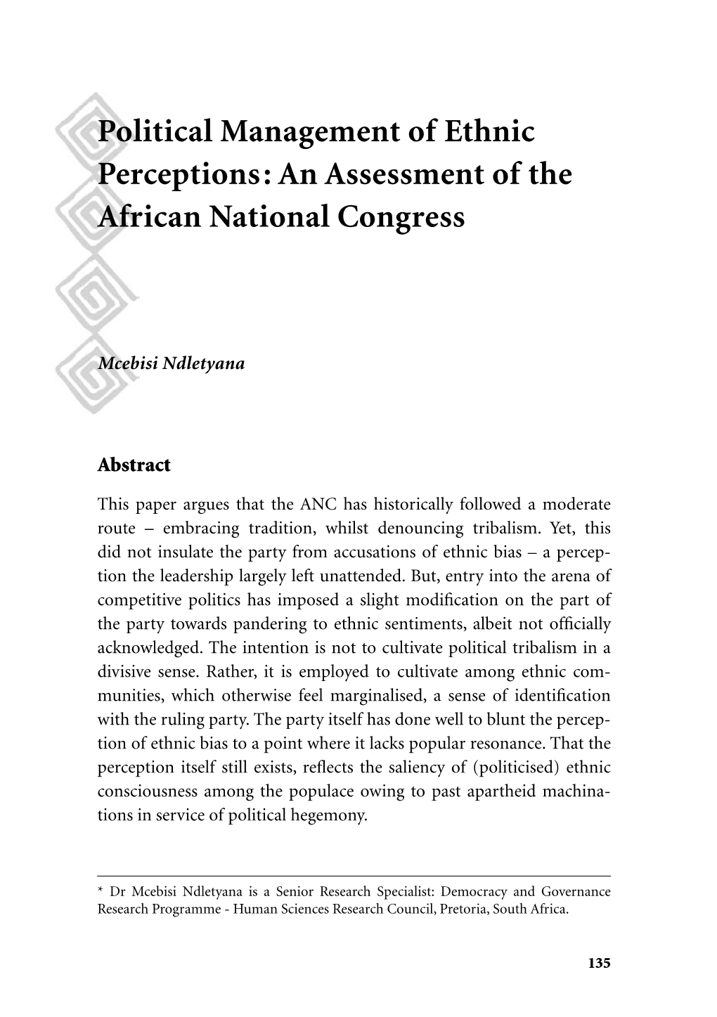 Political Management of Ethnic Perceptions African National