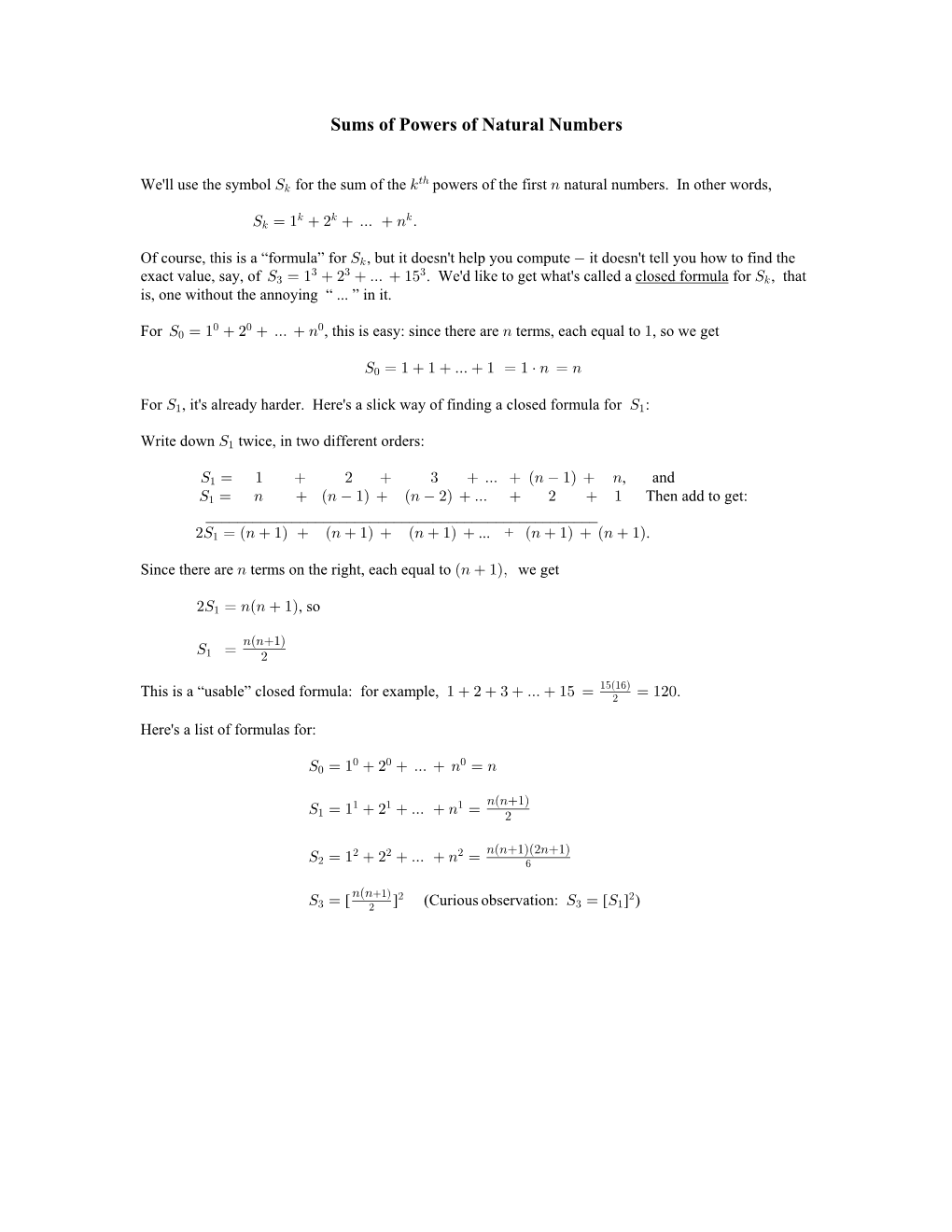 Sums of Powers of Natural Numbers