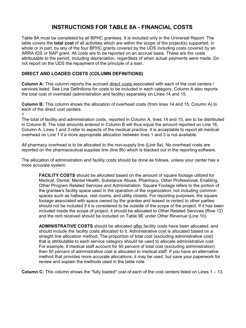 Instructions for Table 8A - Financial Costs