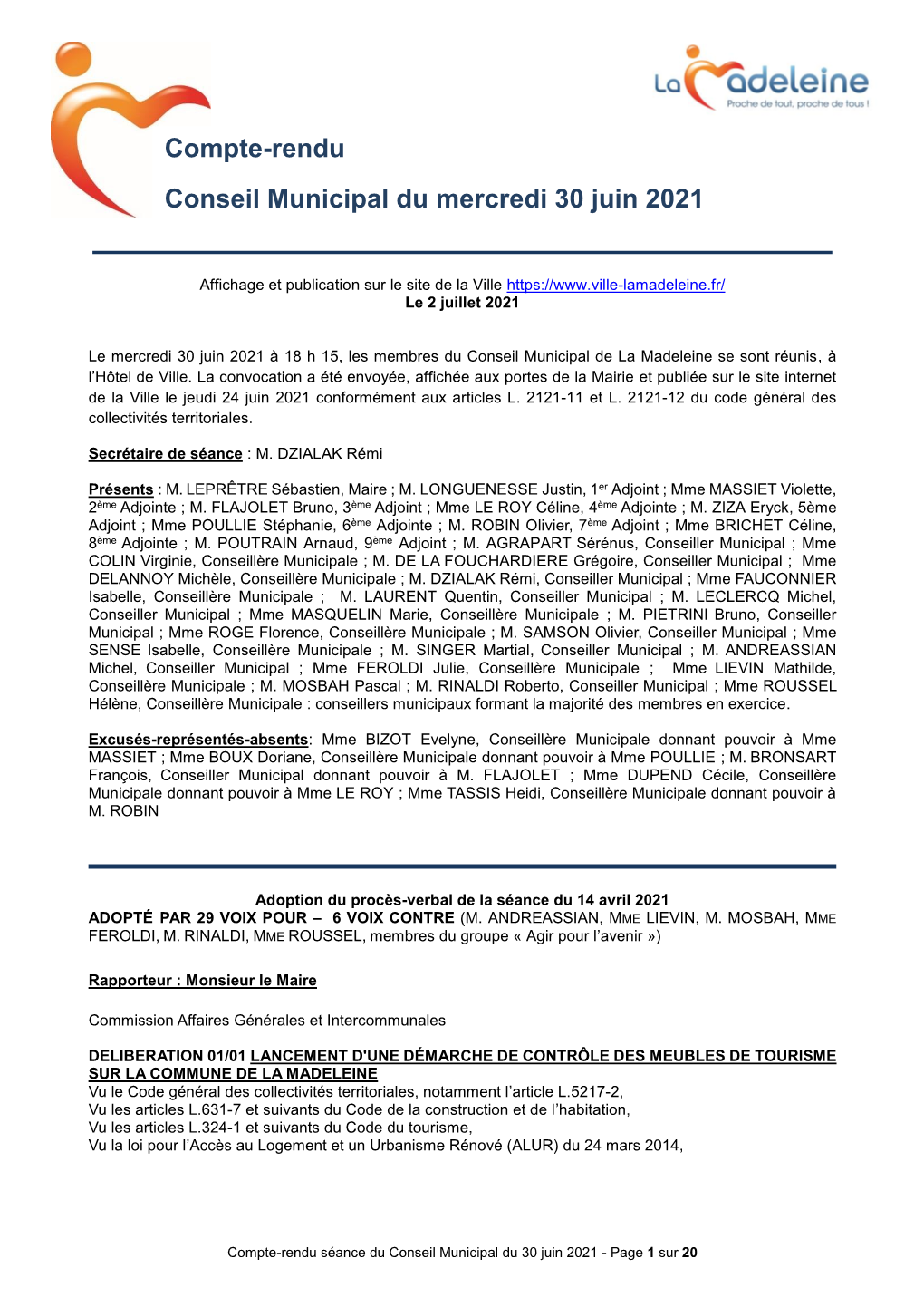 Compte-Rendu Conseil Municipal Du Mercredi 30 Juin 2021