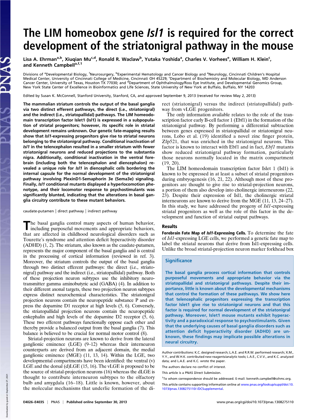 The LIM Homeobox Gene Isl1 Is Required for the Correct Development of the Striatonigral Pathway in the Mouse