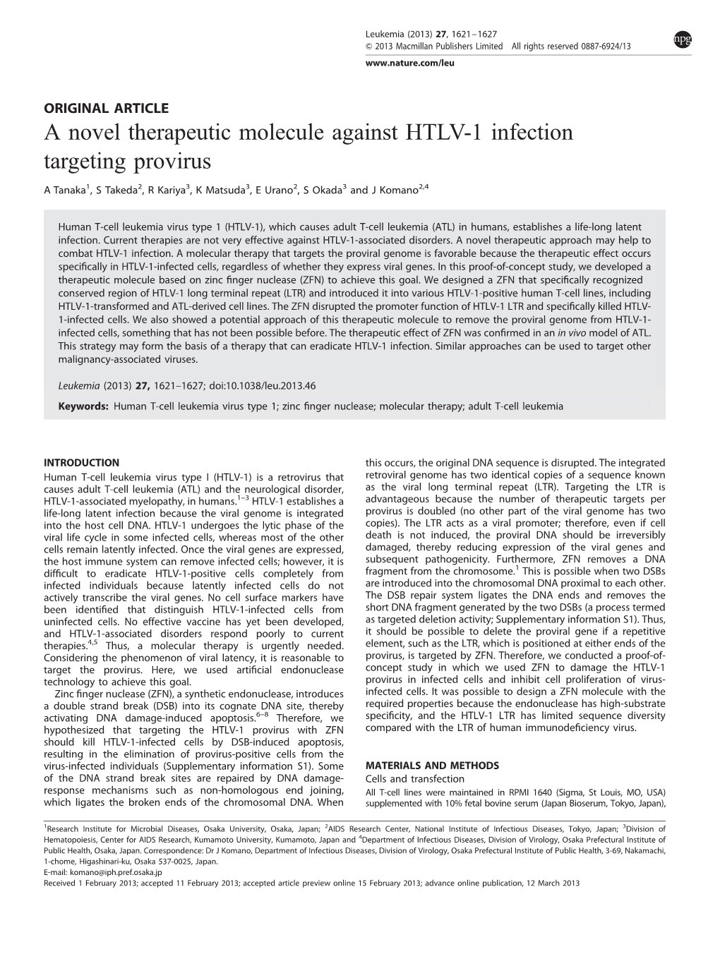 A Novel Therapeutic Molecule Against HTLV-1 Infection Targeting Provirus