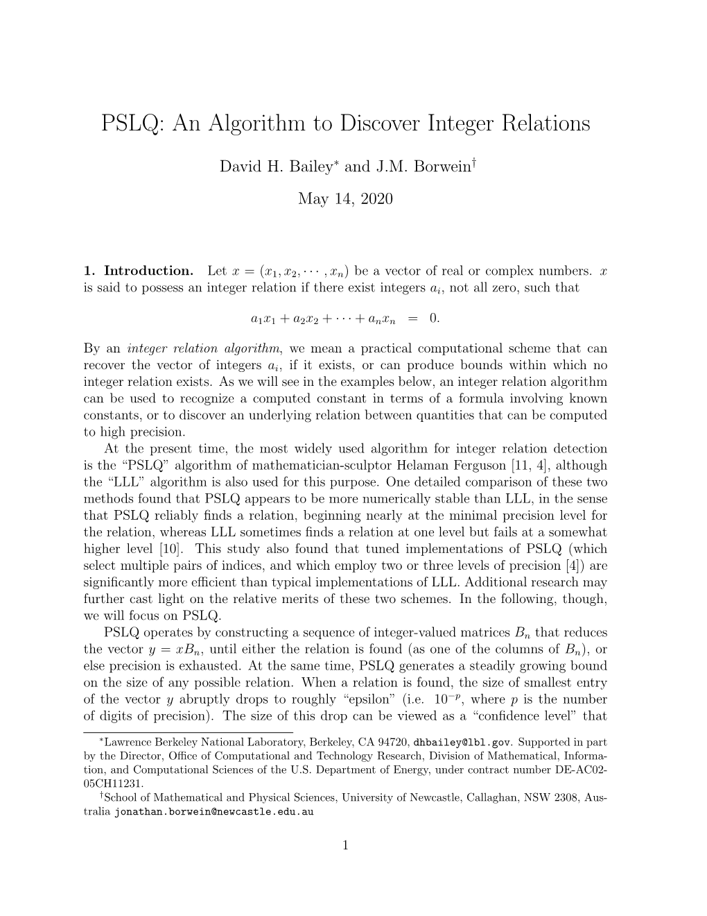 PSLQ: an Algorithm to Discover Integer Relations