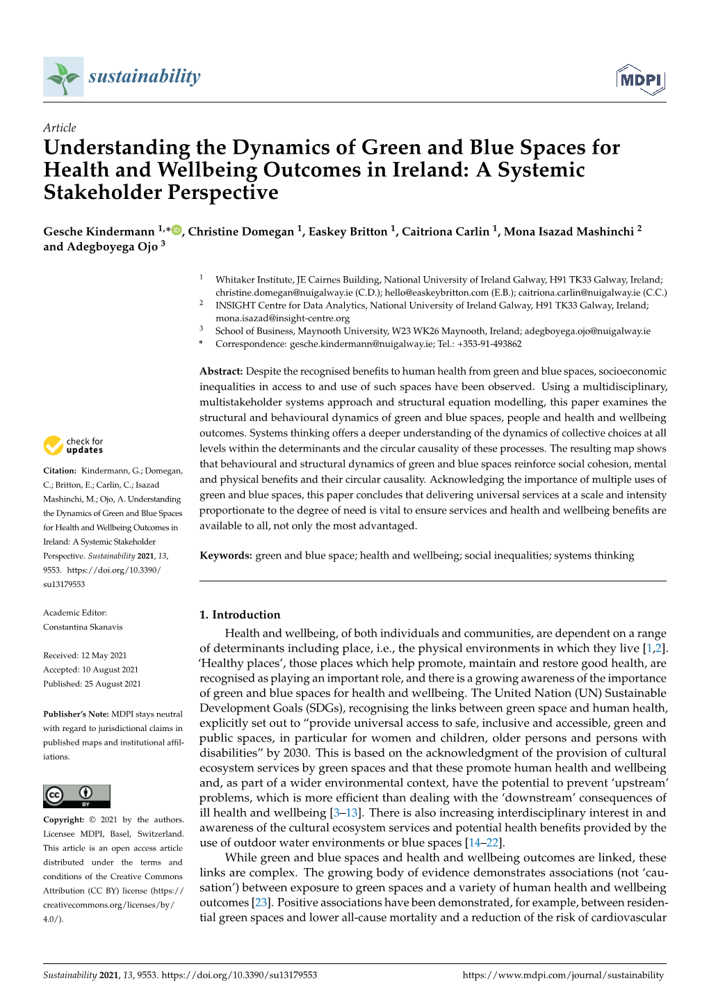 Understanding the Dynamics of Green and Blue Spaces for Health and Wellbeing Outcomes in Ireland: a Systemic Stakeholder Perspective