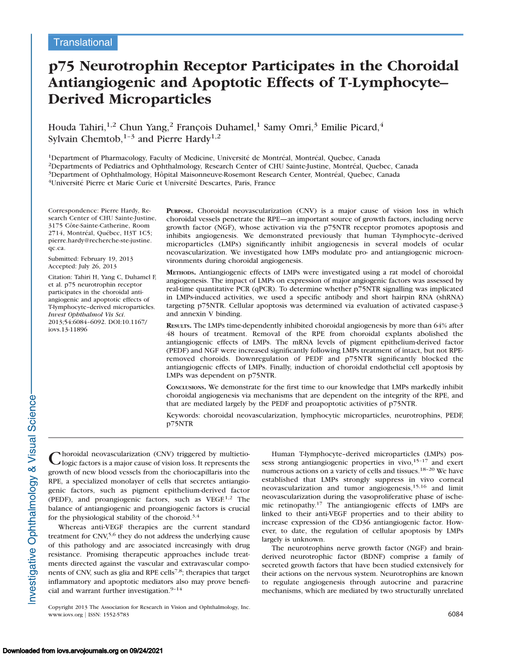 P75 Neurotrophin Receptor Participates in the Choroidal Antiangiogenic and Apoptotic Effects of T-Lymphocyte– Derived Microparticles