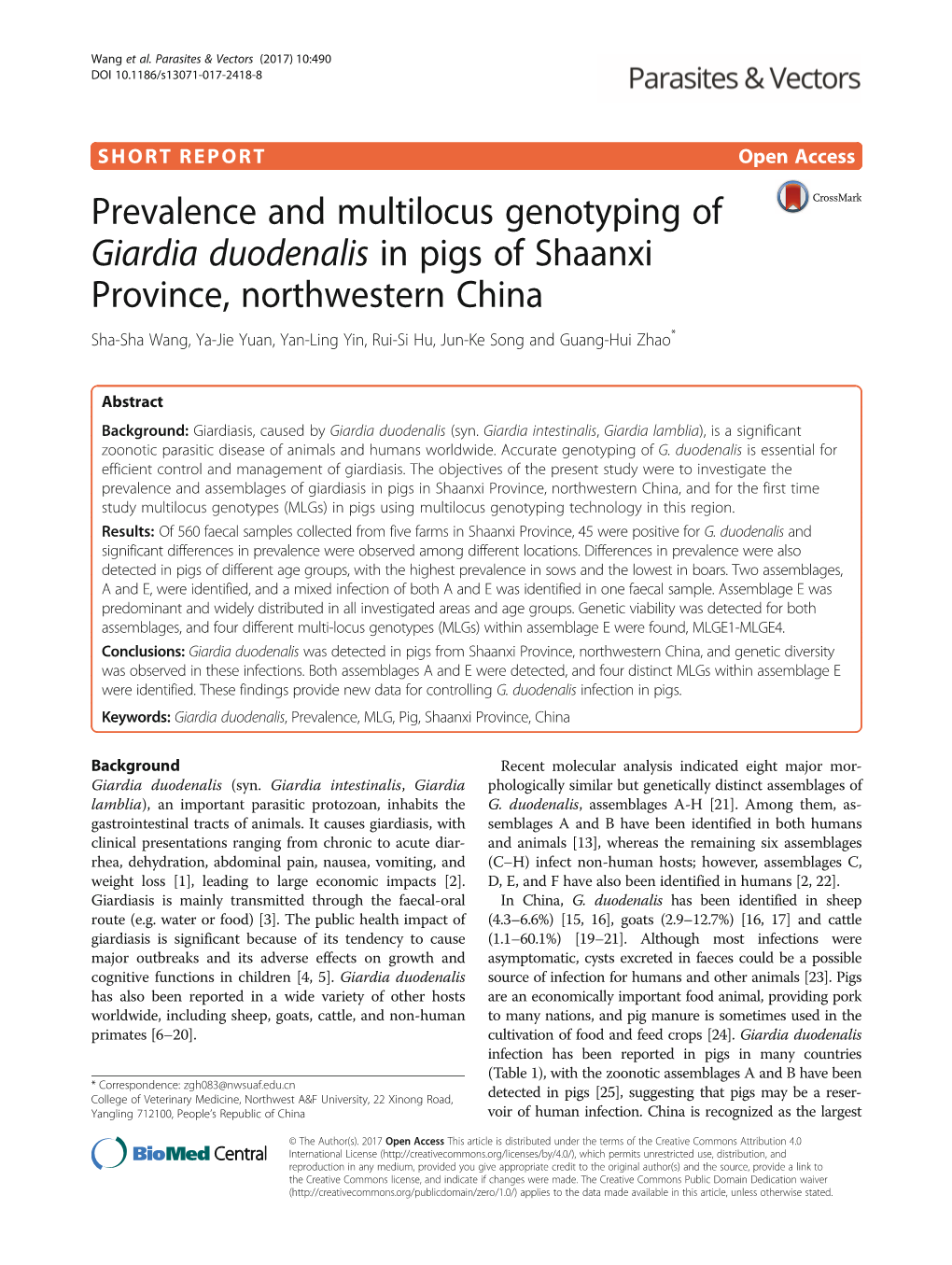 Prevalence and Multilocus Genotyping of Giardia Duodenalis in Pigs Of