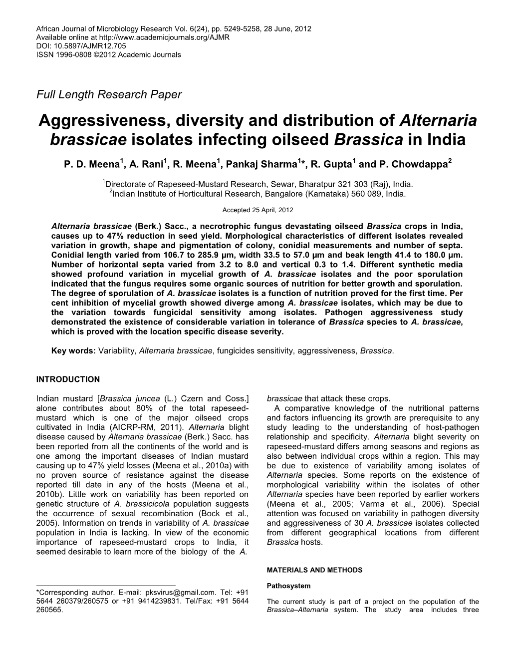 Alternaria Brassicae Isolates Infecting Oilseed Brassica in India