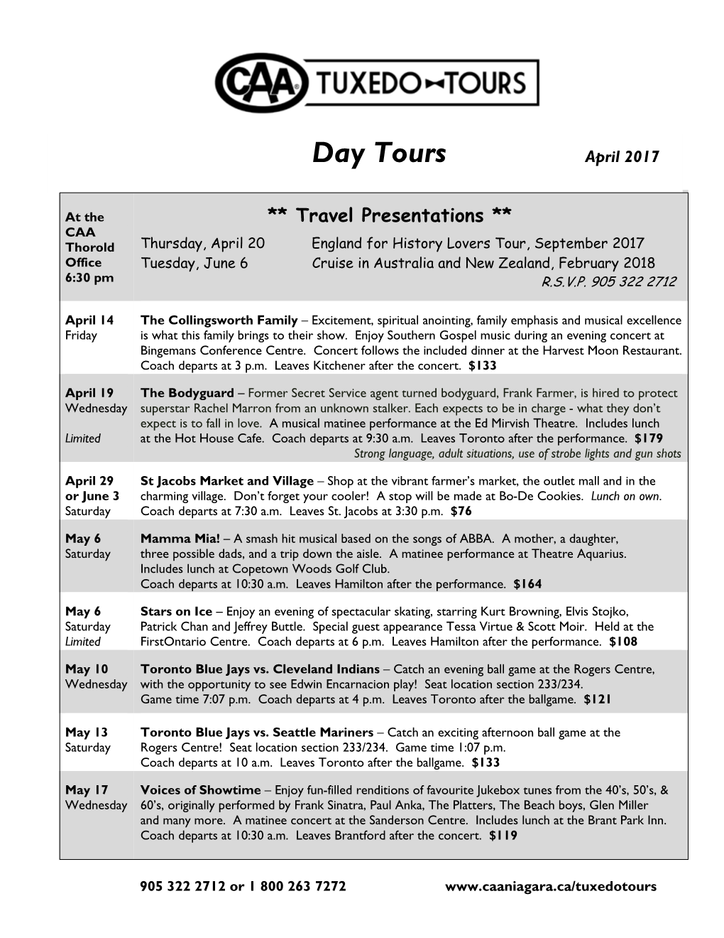 Day Tours April 2017