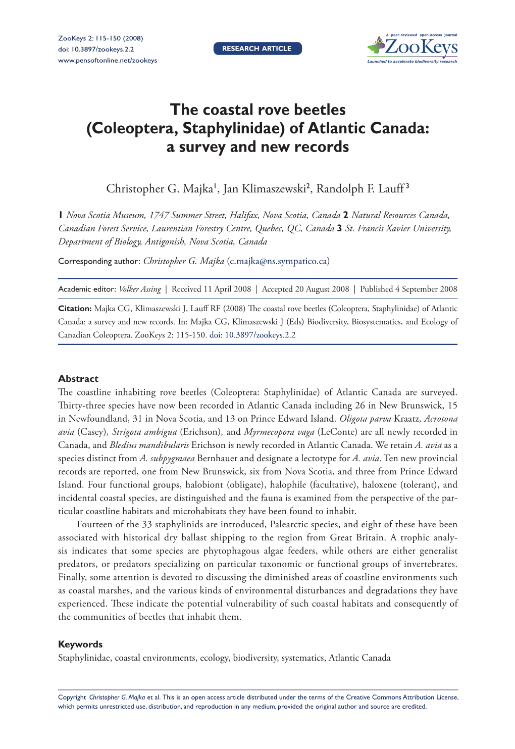 The Coastal Rove Beetles (Coleoptera, Staphylinidae) of Atlantic Canada: a Survey and New Records