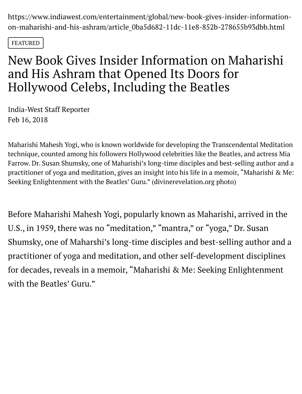 New Book Gives Insider Information on Maharishi and His Ashram That Opened Its Doors for Hollywood Celebs, Including the Beatles