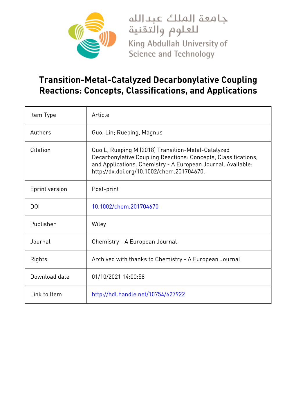 REVIEW Transition Metal-Catalyzed Decarbonylative Cross Coupling