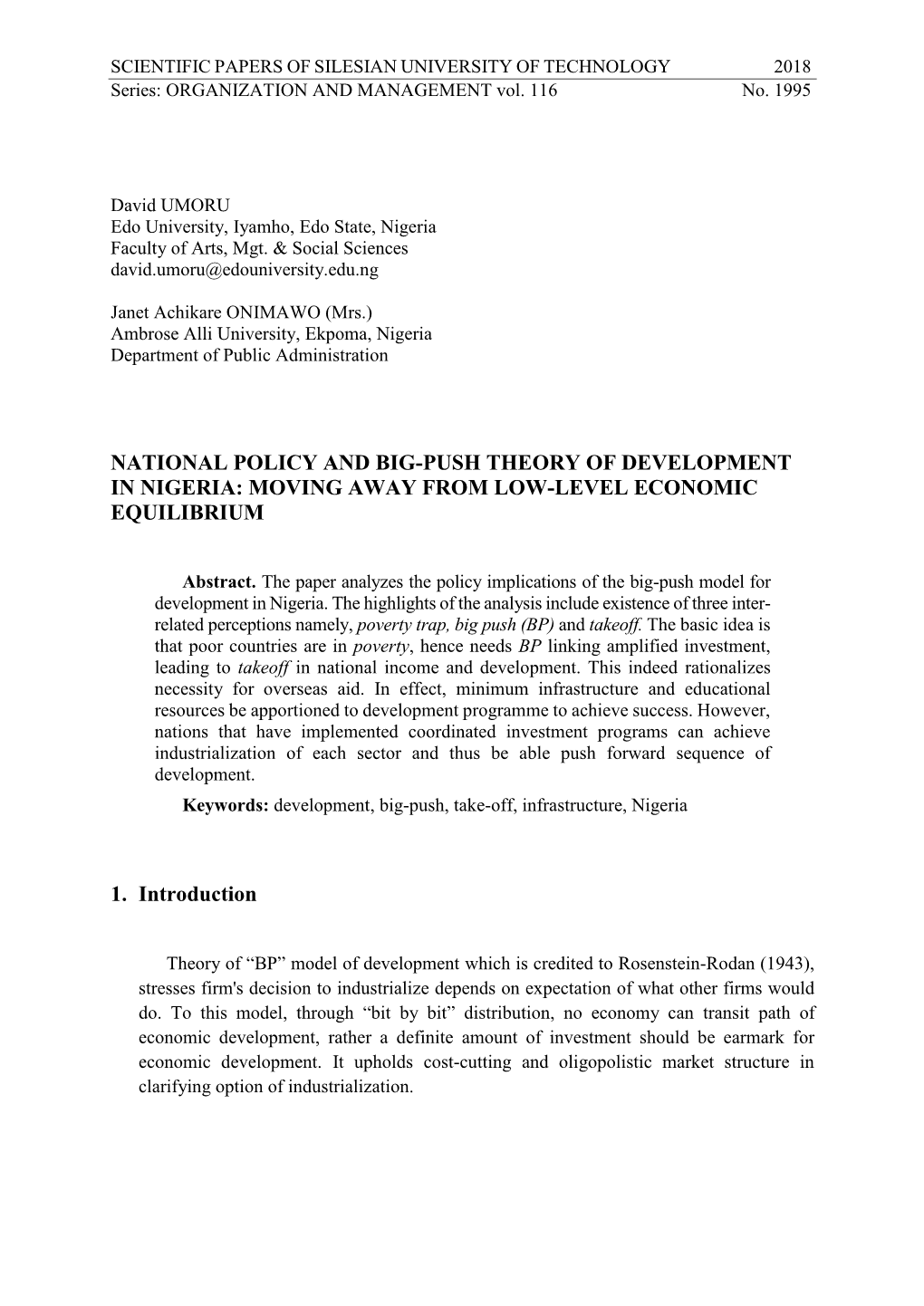 National Policy and Big-Push Theory of Development in Nigeria: Moving Away from Low-Level Economic Equilibrium