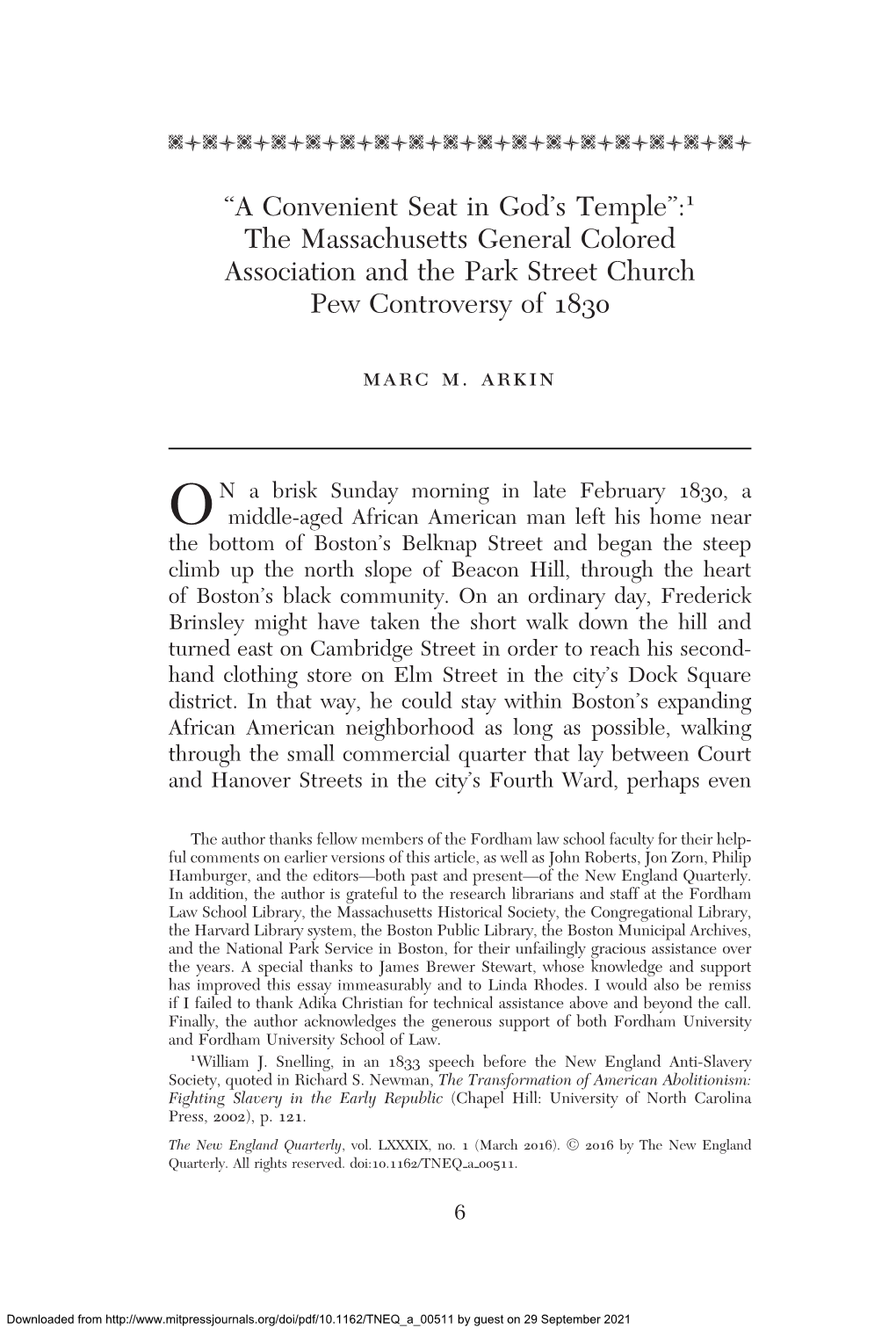 1 the Massachusetts General Colored Association and the Park Street Church Pew Controversy of 1830