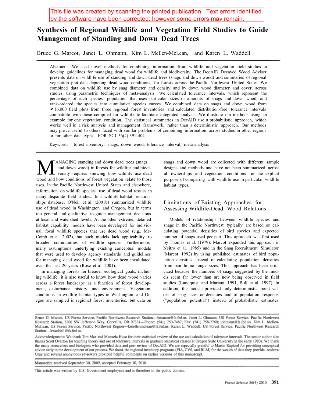 Synthesis of Regional Wildlife and Vegetation Field Studies to Guide Management of Standing and Down Dead Trees