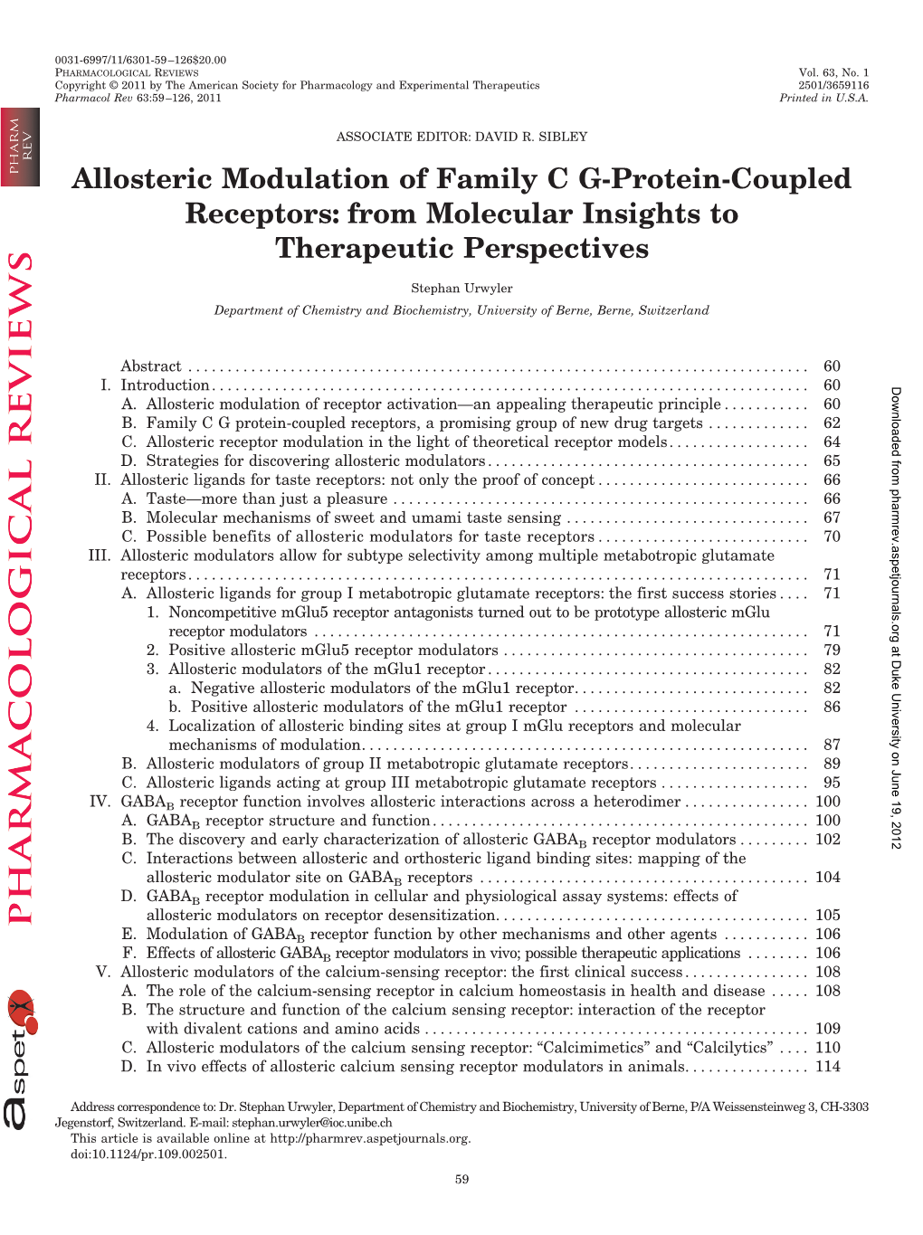 Allosteric Modulation of Family C G-Protein-Coupled Receptors: from Molecular Insights to Therapeutic Perspectives