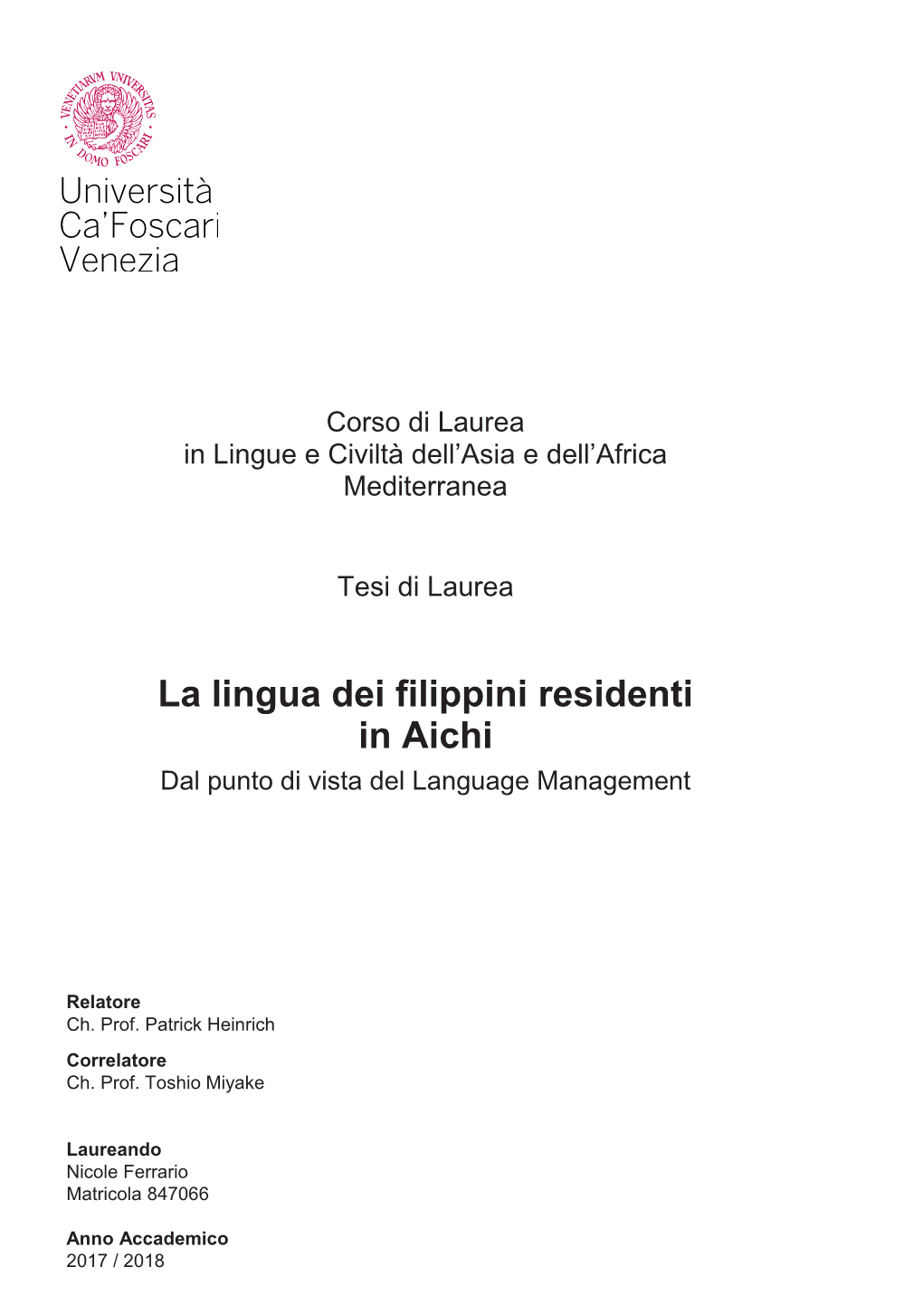 La Lingua Dei Filippini Residenti in Aichi Dal Punto Di Vista Del Language Management