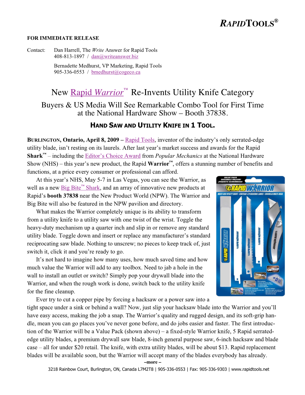 New Rapid Warrior™ Re-Invents Utility Knife Category Buyers & US Media Will See Remarkable Combo Tool for First Time at the National Hardware Show – Booth 37838