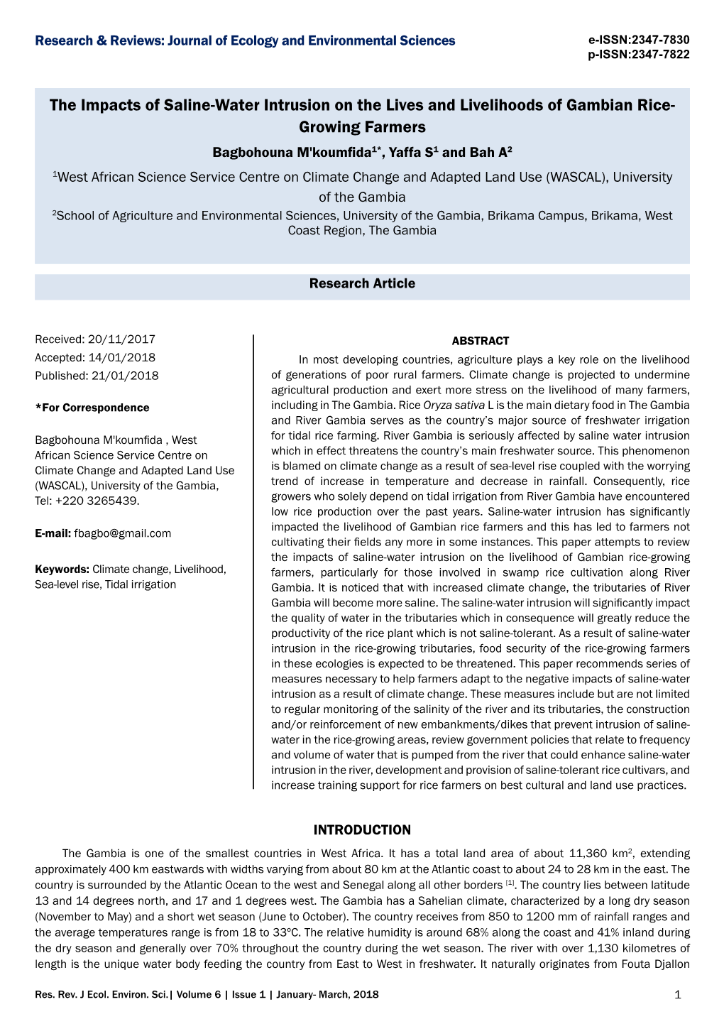 The Impacts of Saline-Water Intrusion on the Lives and Livelihoods Of