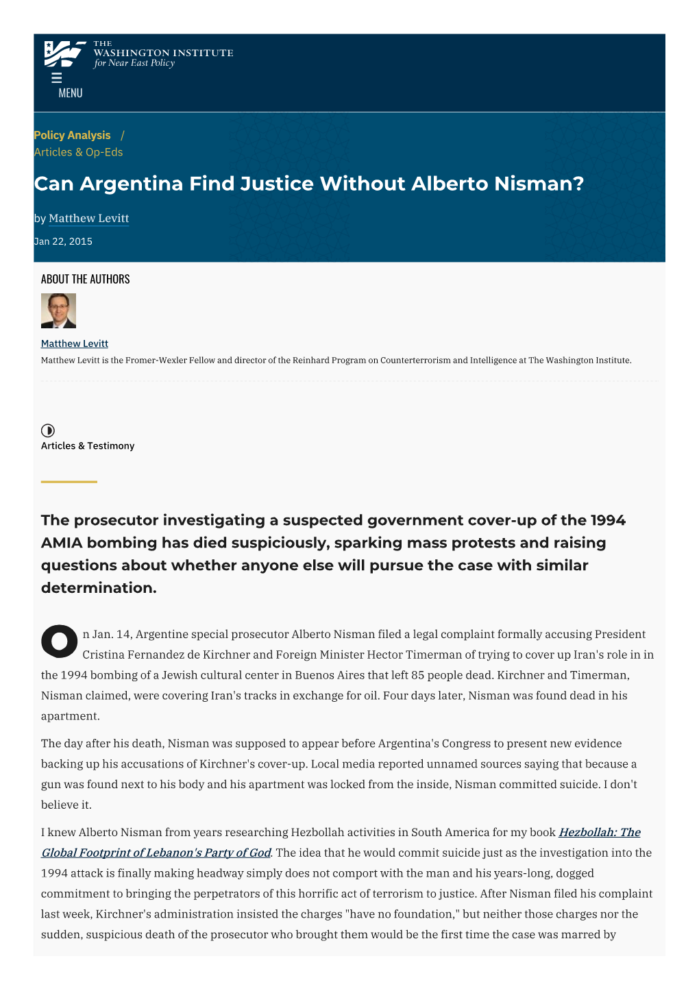 Can Argentina Find Justice Without Alberto Nisman? by Matthew Levitt