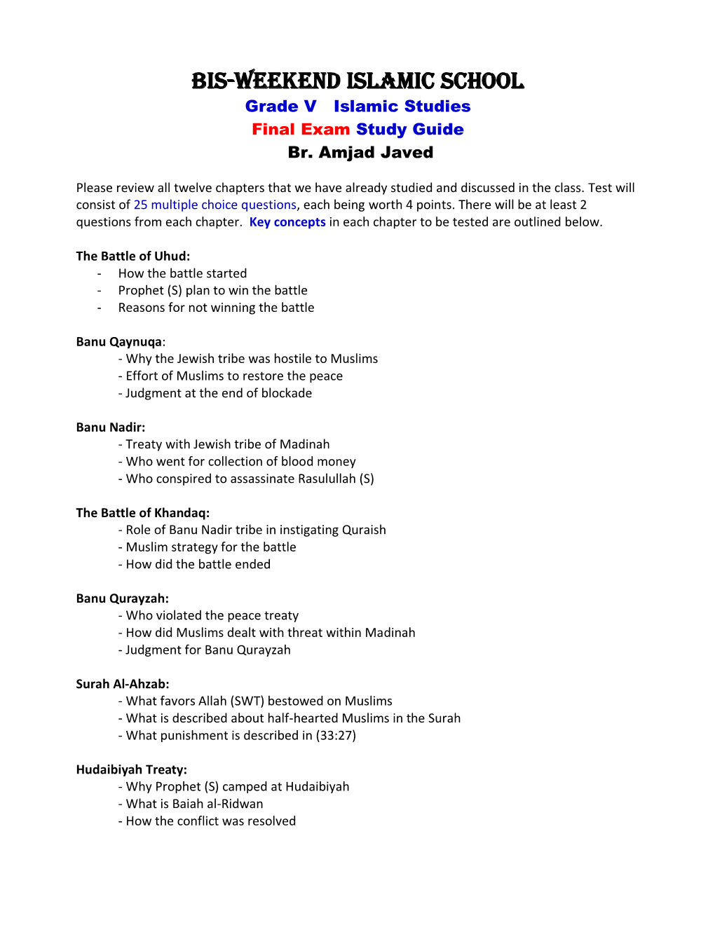 Grade V Islamic Studies Final Exam Study Guide Br