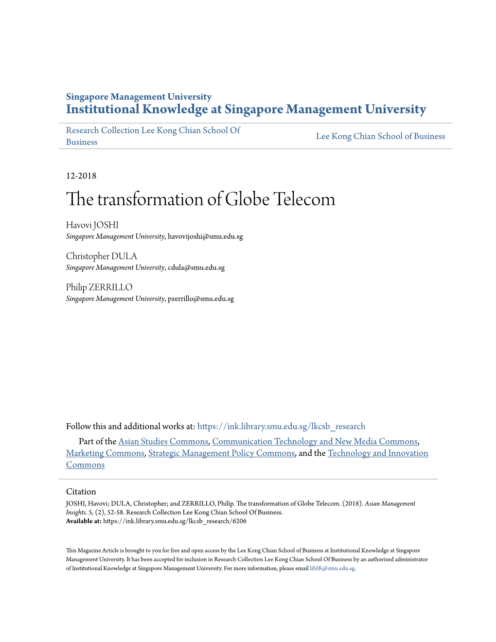 The Transformation of Globe Telecom Havovi JOSHI Singapore Management University, Havovijoshi@Smu.Edu.Sg