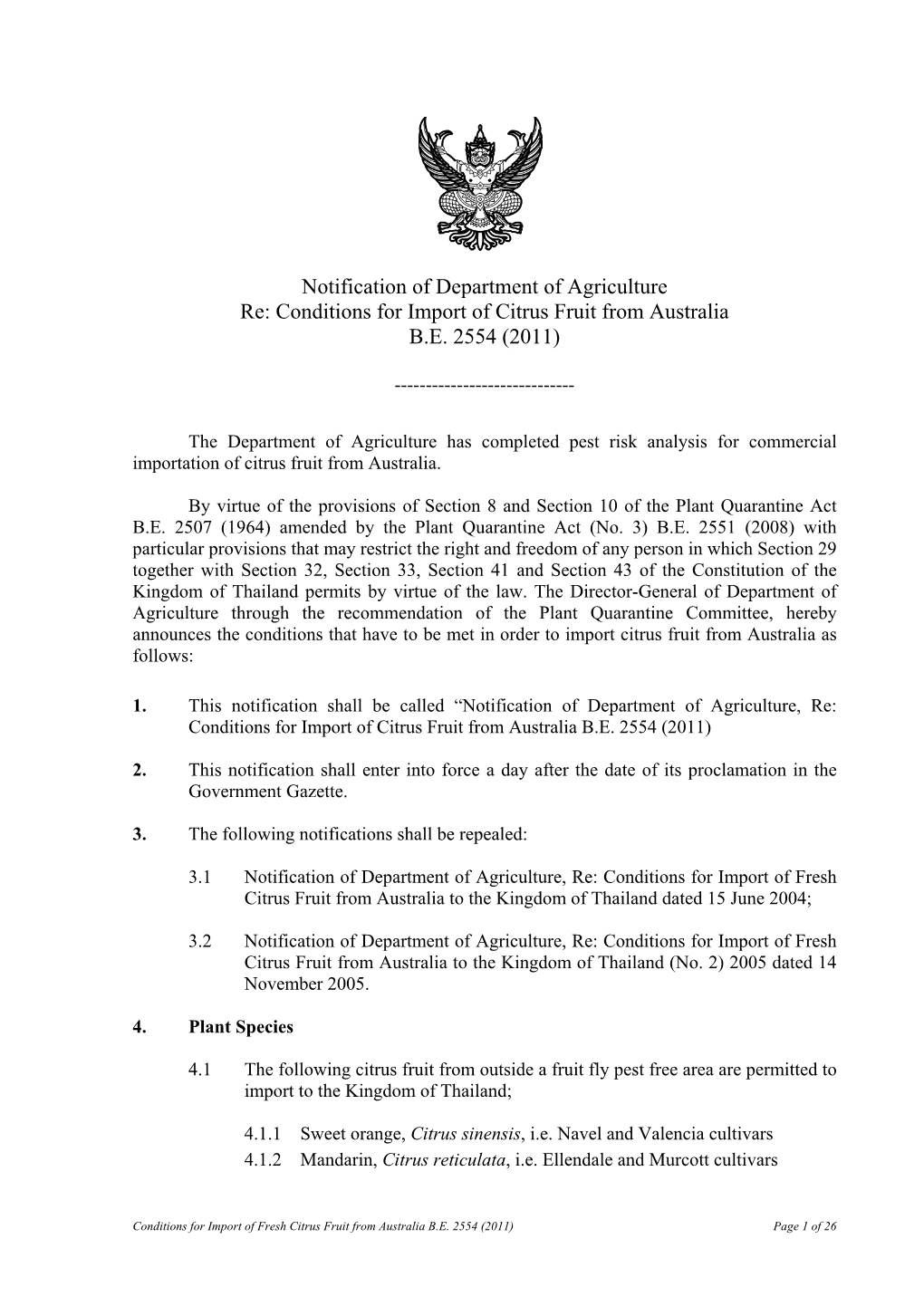 Conditions for Import of Citrus Fruit from Australia BE 2554