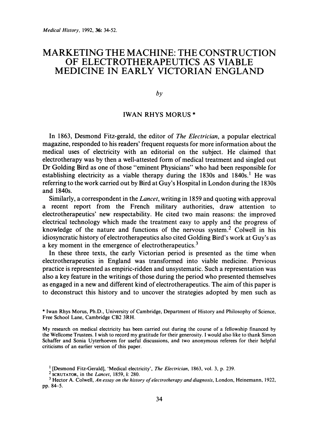 The Construction of Electrotherapeutics As Viable Medicine in Early Victorian England