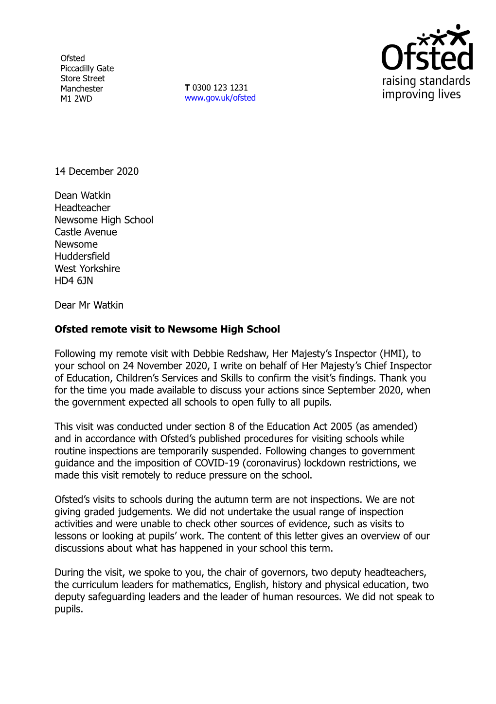 14 December 2020 Dean Watkin Headteacher Newsome High