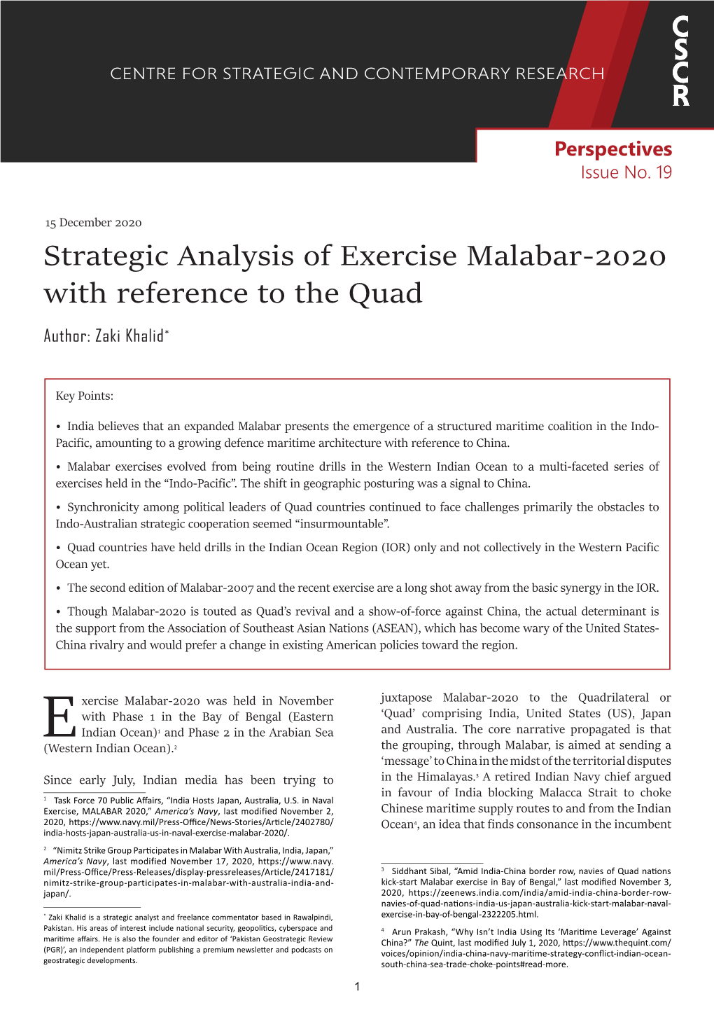 Strategic Analysis of Exercise Malabar-2020 with Reference to the Quad