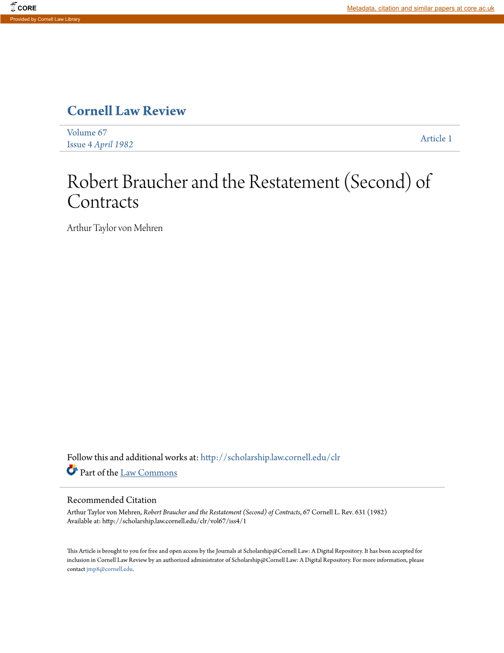 Robert Braucher and the Restatement (Second) of Contracts Arthur Taylor Von Mehren