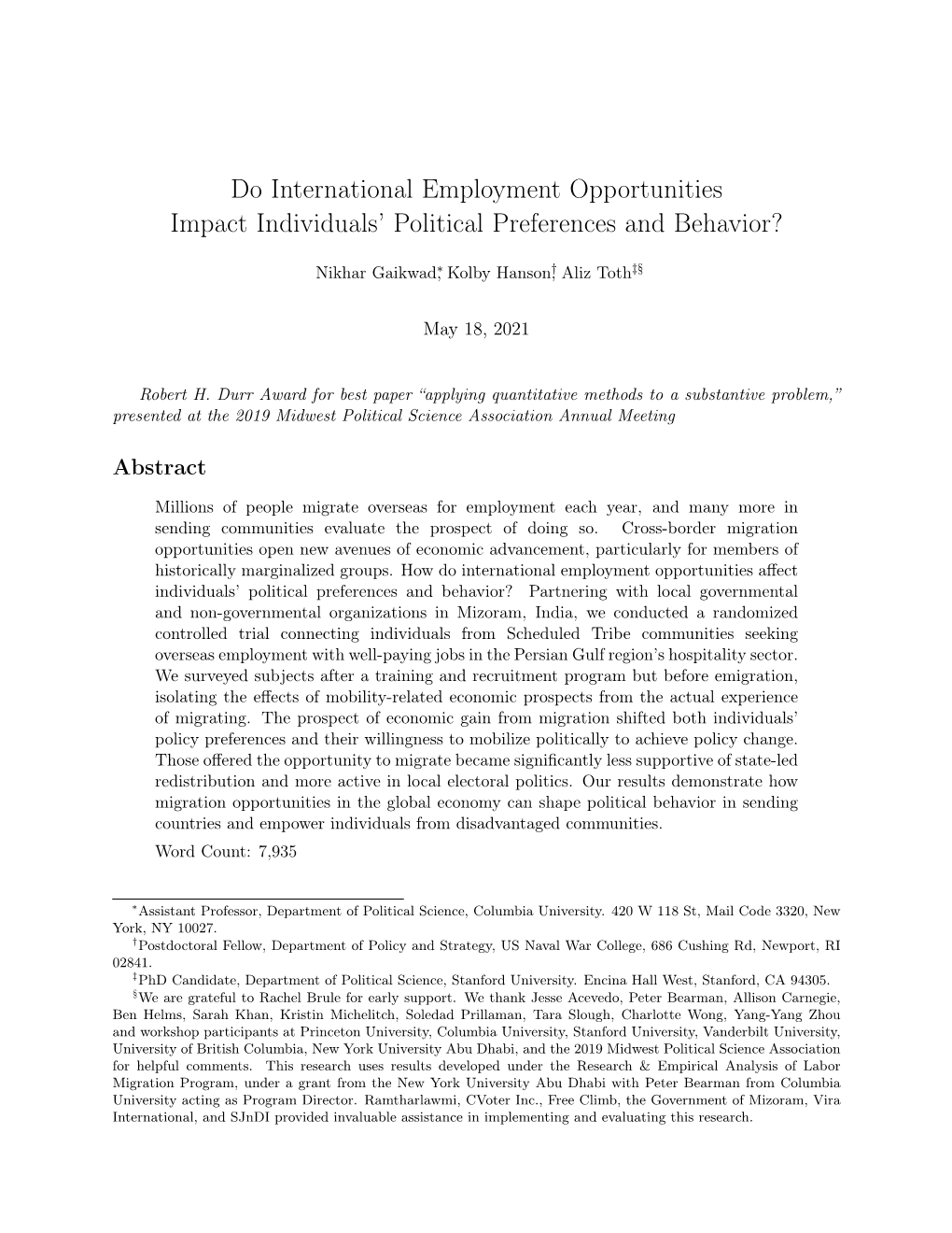 Do International Employment Opportunities Impact Individuals’ Political Preferences and Behavior?