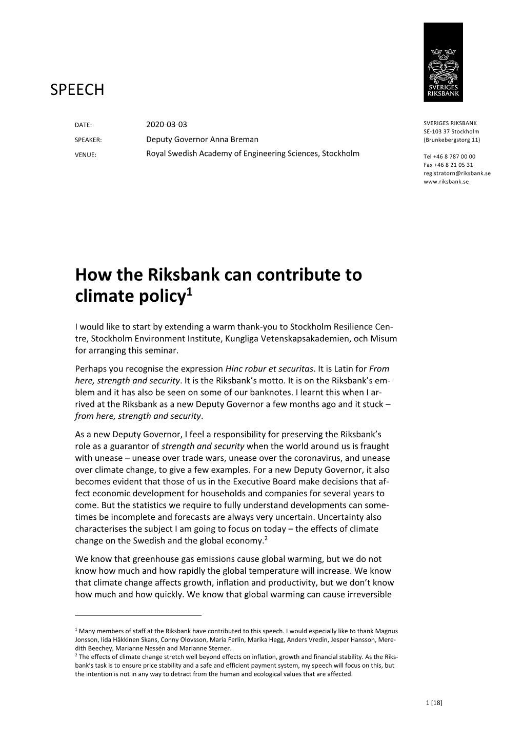 Riksbank Can Contribute to Climate Policy1